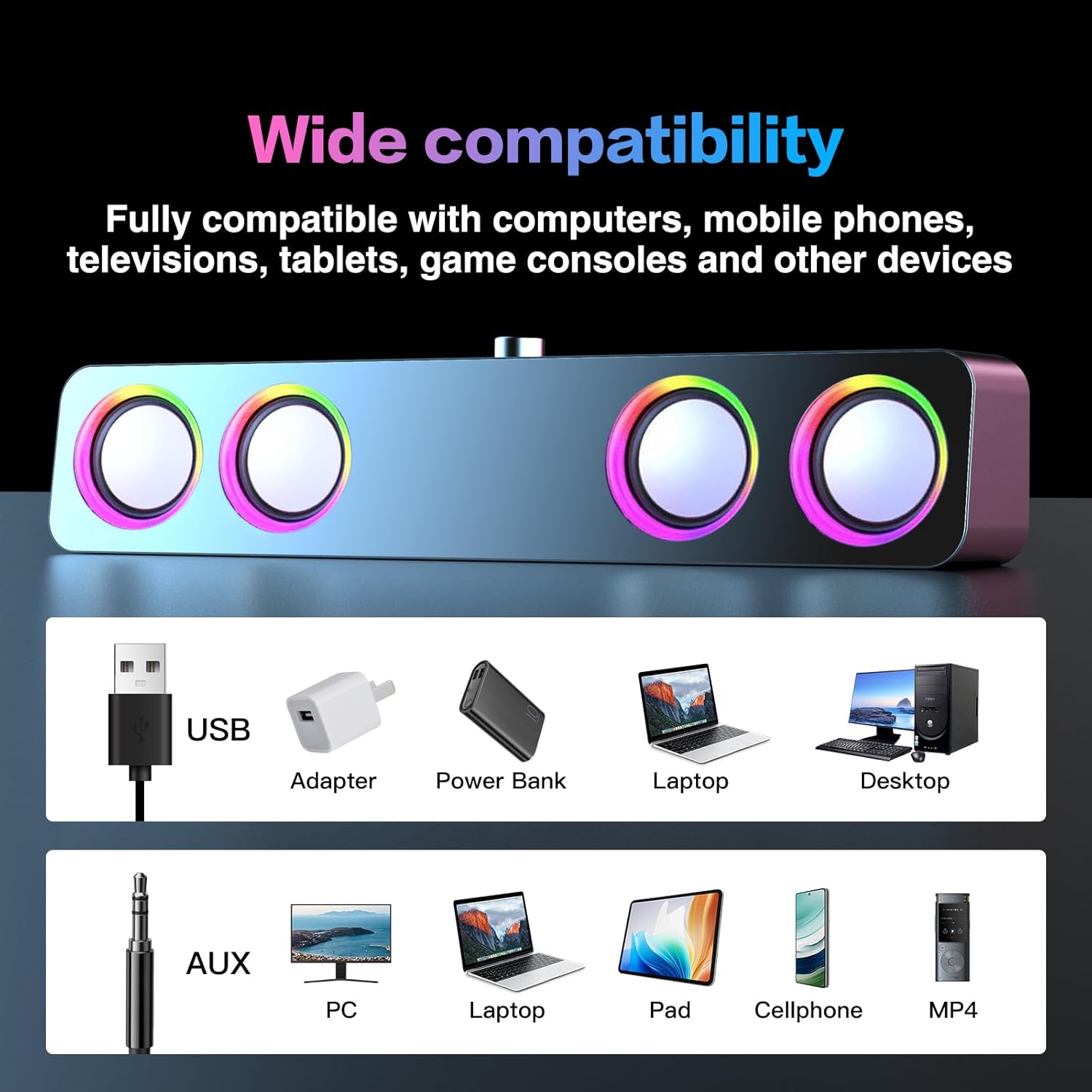Gaming speakers with colorful RGB lighting