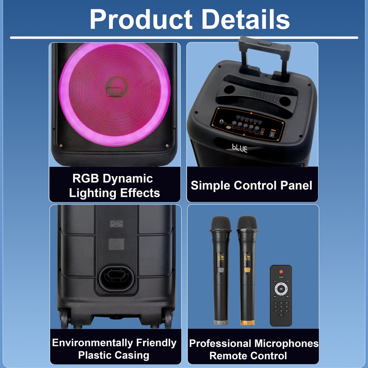 50W 15″ bass Portable speaker 4500mAh with 2pcs wireless microphones bluetooth