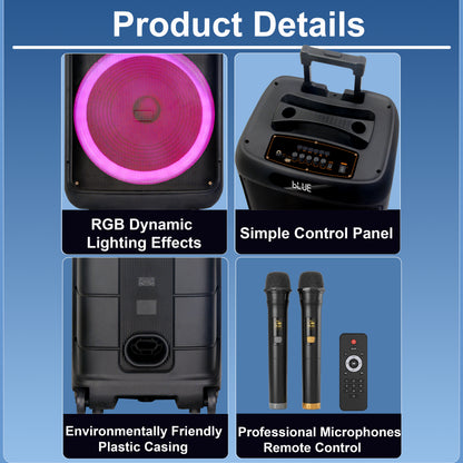 50W 15″ bass Portable speaker 4500mAh with 2pcs wireless microphones bluetooth