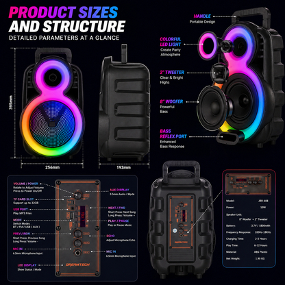 8″ Bass 3600mAh Ourdoor Party Speaker Bluetooth Long battery Life