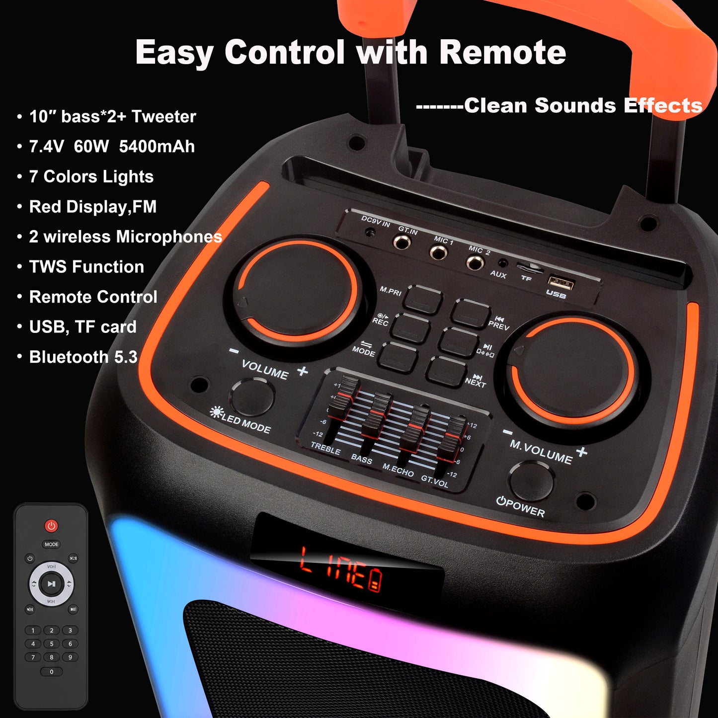 10inch bass*2+Tweeter portable speaker large size 5400mAh 60W