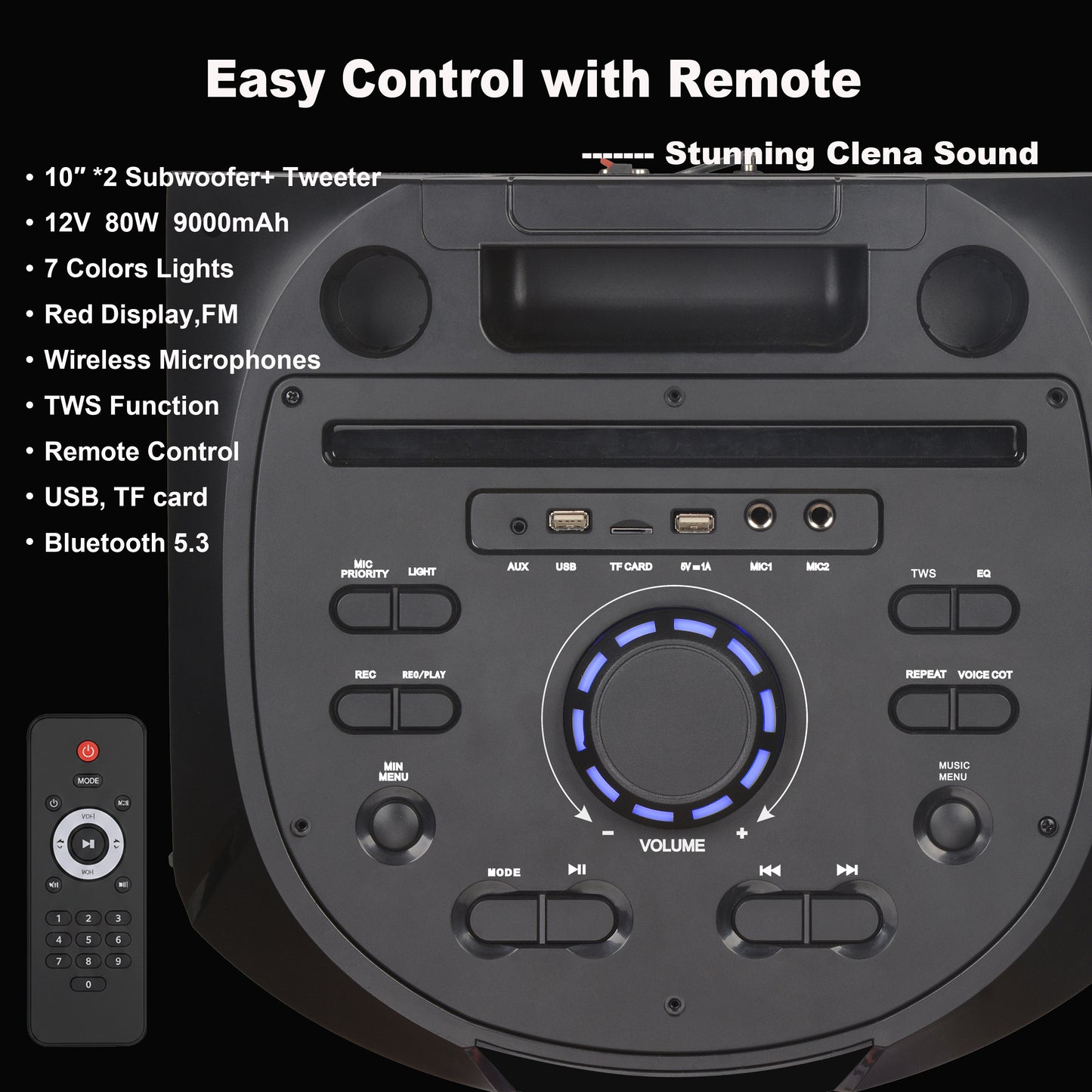 9000mAh 80W 10inch subwoofer*2+Tweeter portable speaker large size
