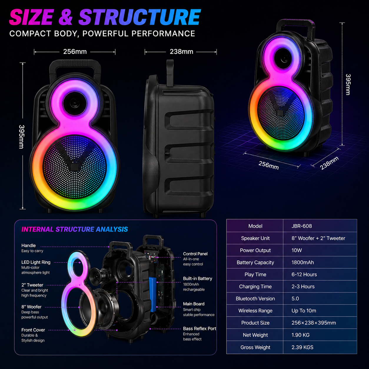 8″ Bass 3600mAh Ourdoor Party Speaker Bluetooth Long battery Life