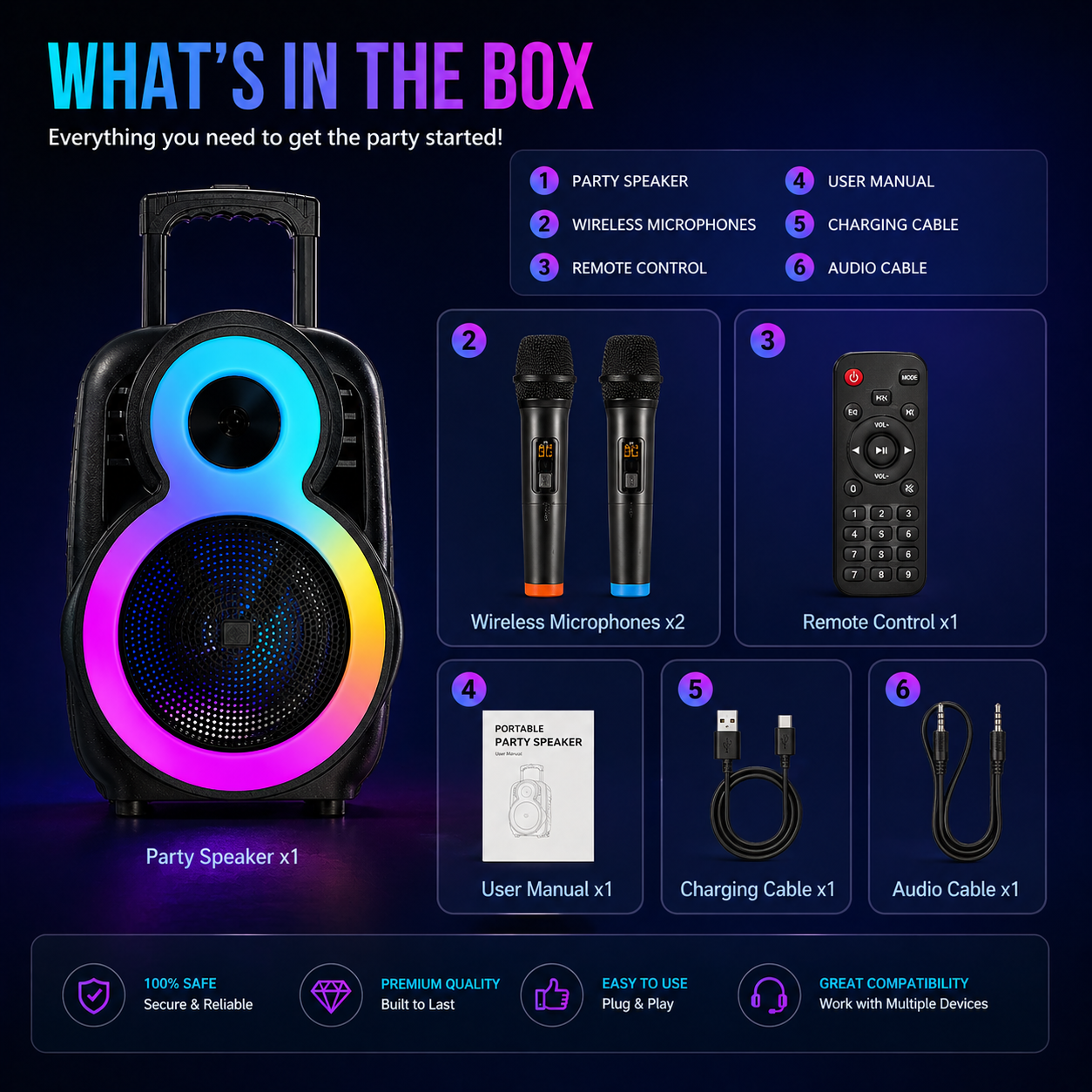 Party Speaker Bluetooth 8″ Bass 2″ Tweeter 1800mAh Ourdoor TWS