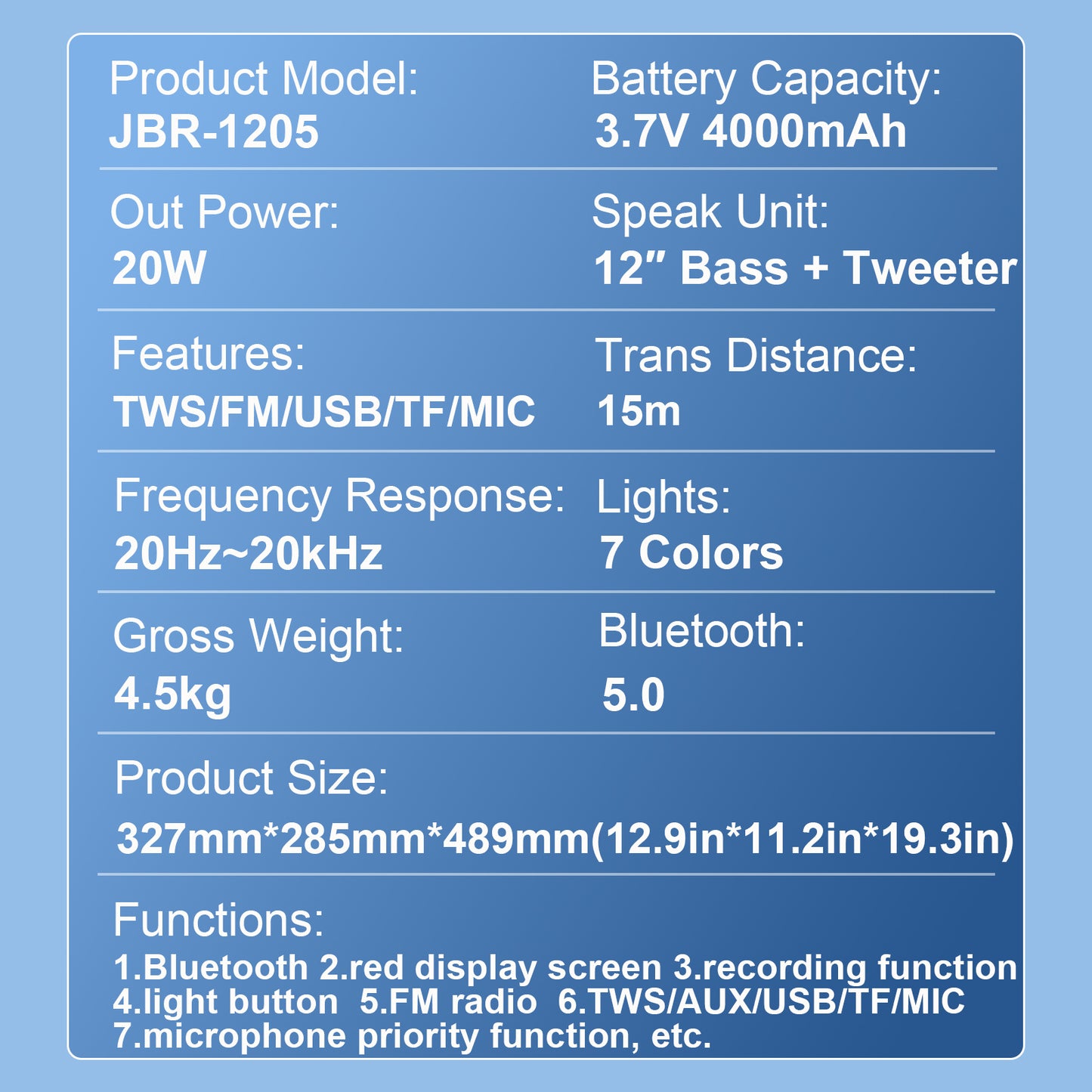 12“ bass+Tweeter 4000mAh Long Battery Life Outdoor Portable Speeker 20W 3.7V