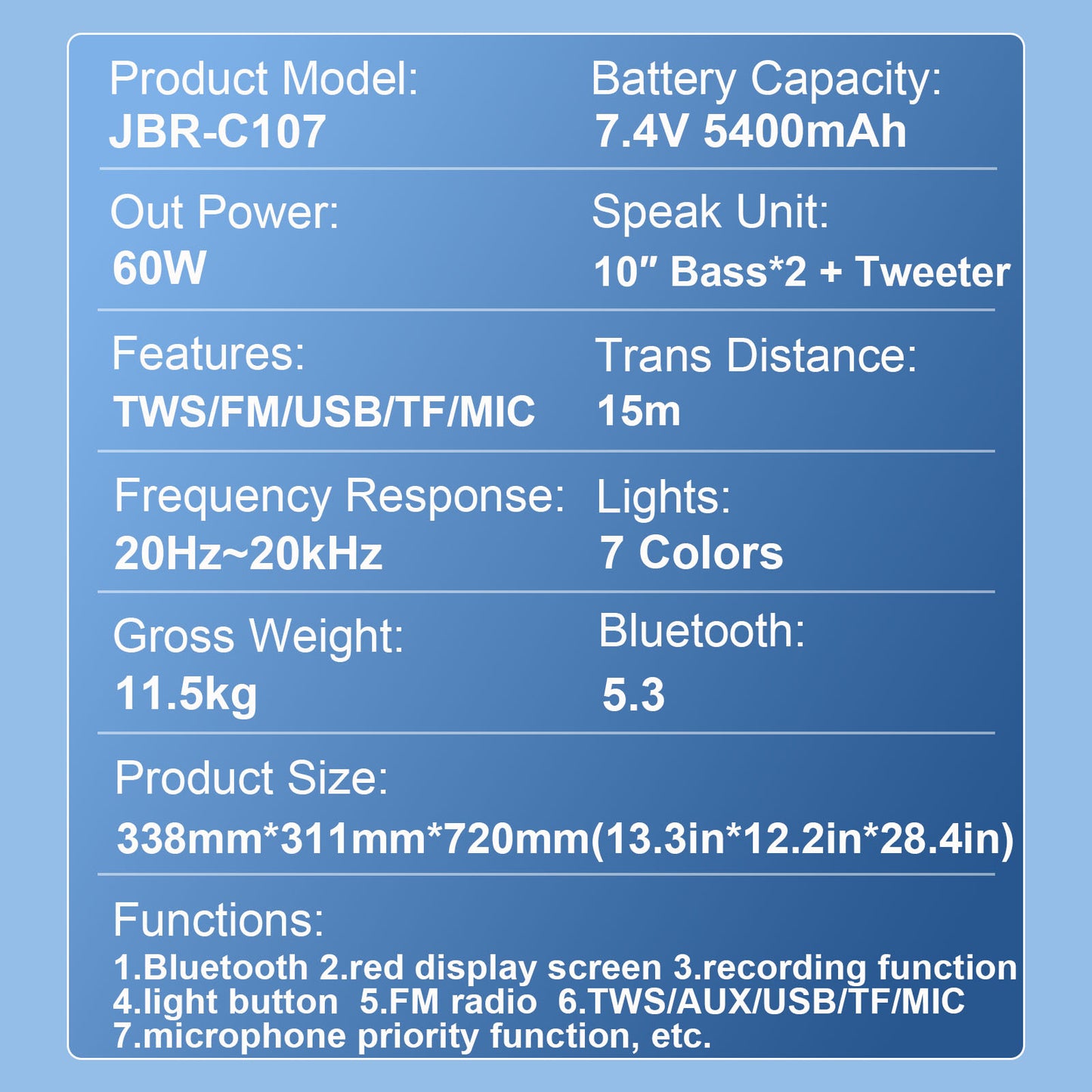 10inch bass*2+Tweeter portable speaker large size 5400mAh 60W