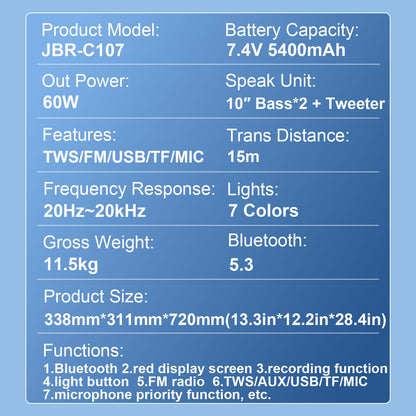 10inch bass*2+Tweeter portable speaker large size 5400mAh 60W