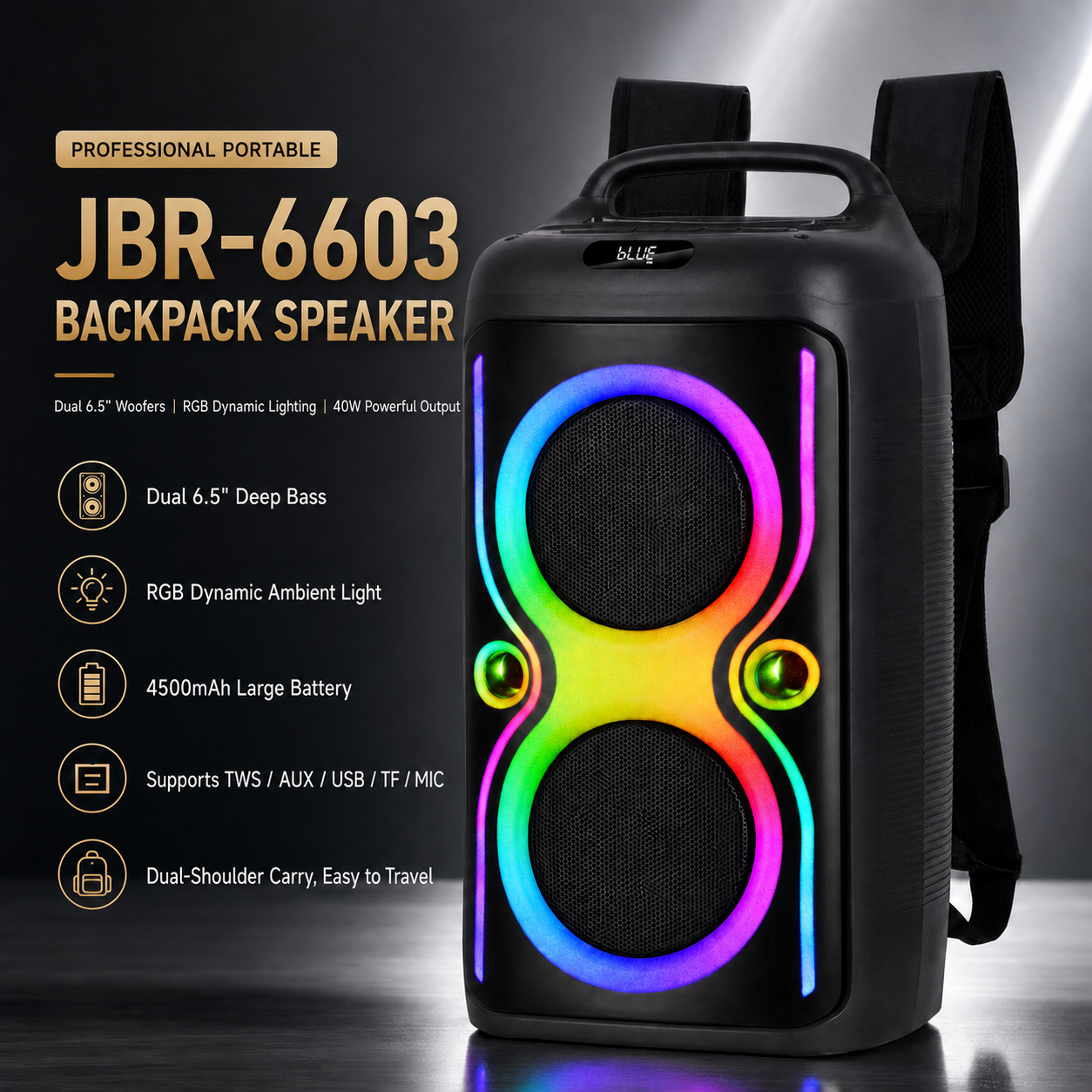 40W 6.5″ bass*2+ Tweeter portable Speaker outdoor long battery Can be carried on the body