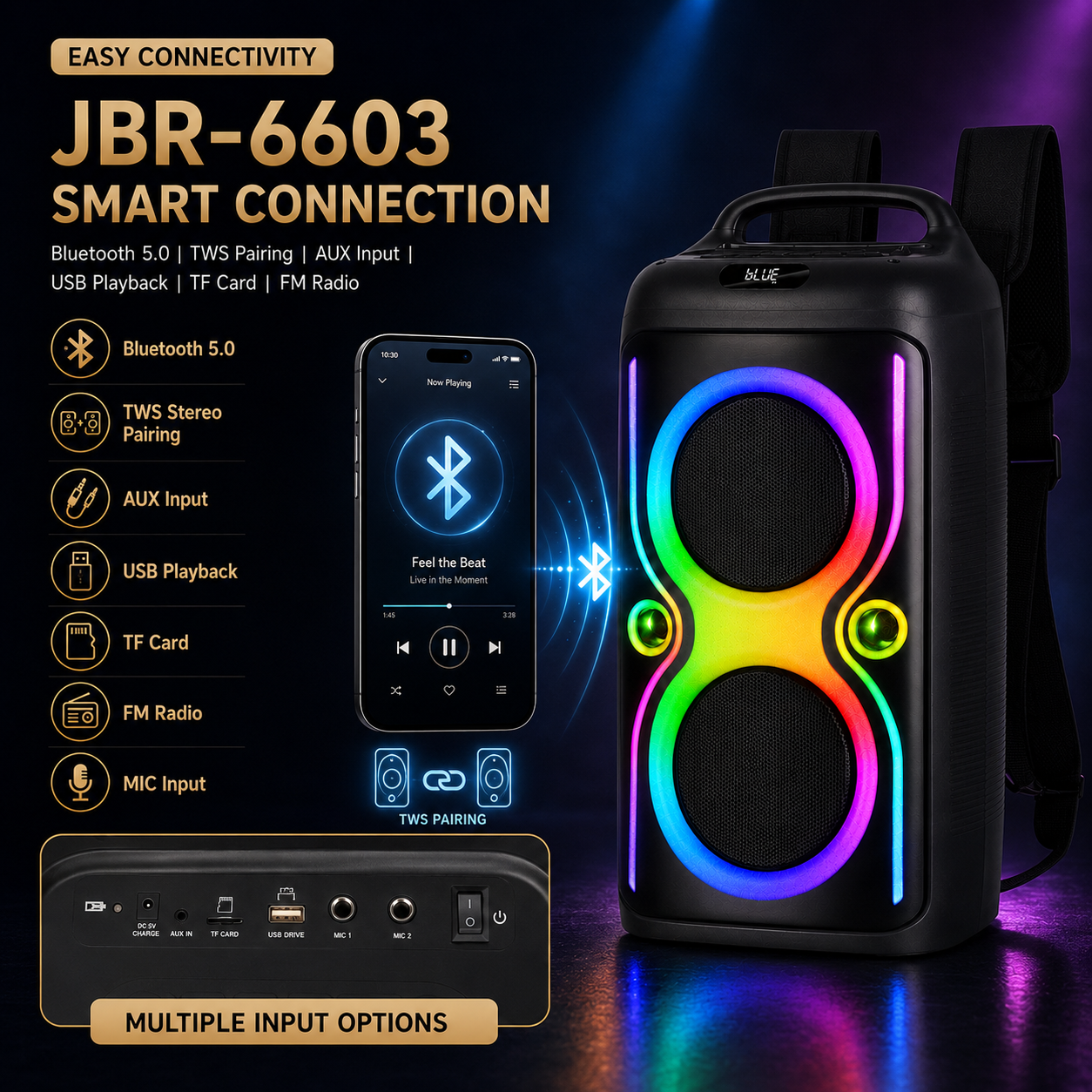 40W 6.5″ bass*2+ Tweeter portable Speaker outdoor long battery Can be carried on the body