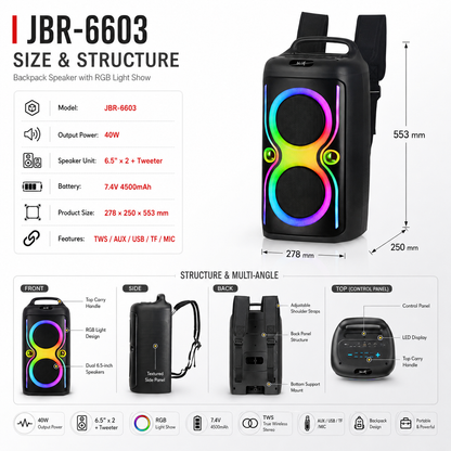 40W 6.5″ bass*2+ Tweeter portable Speaker outdoor long battery Can be carried on the body