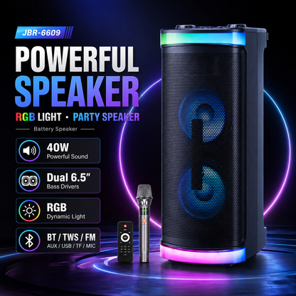 40W 6.5″bass*2 + Treble outdoor portable speaker with RGB light Bluetooth HIFI Guitar Input