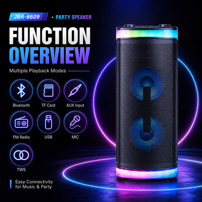 40W 6.5″bass*2 + Treble outdoor portable speaker with RGB light Bluetooth HIFI Guitar Input