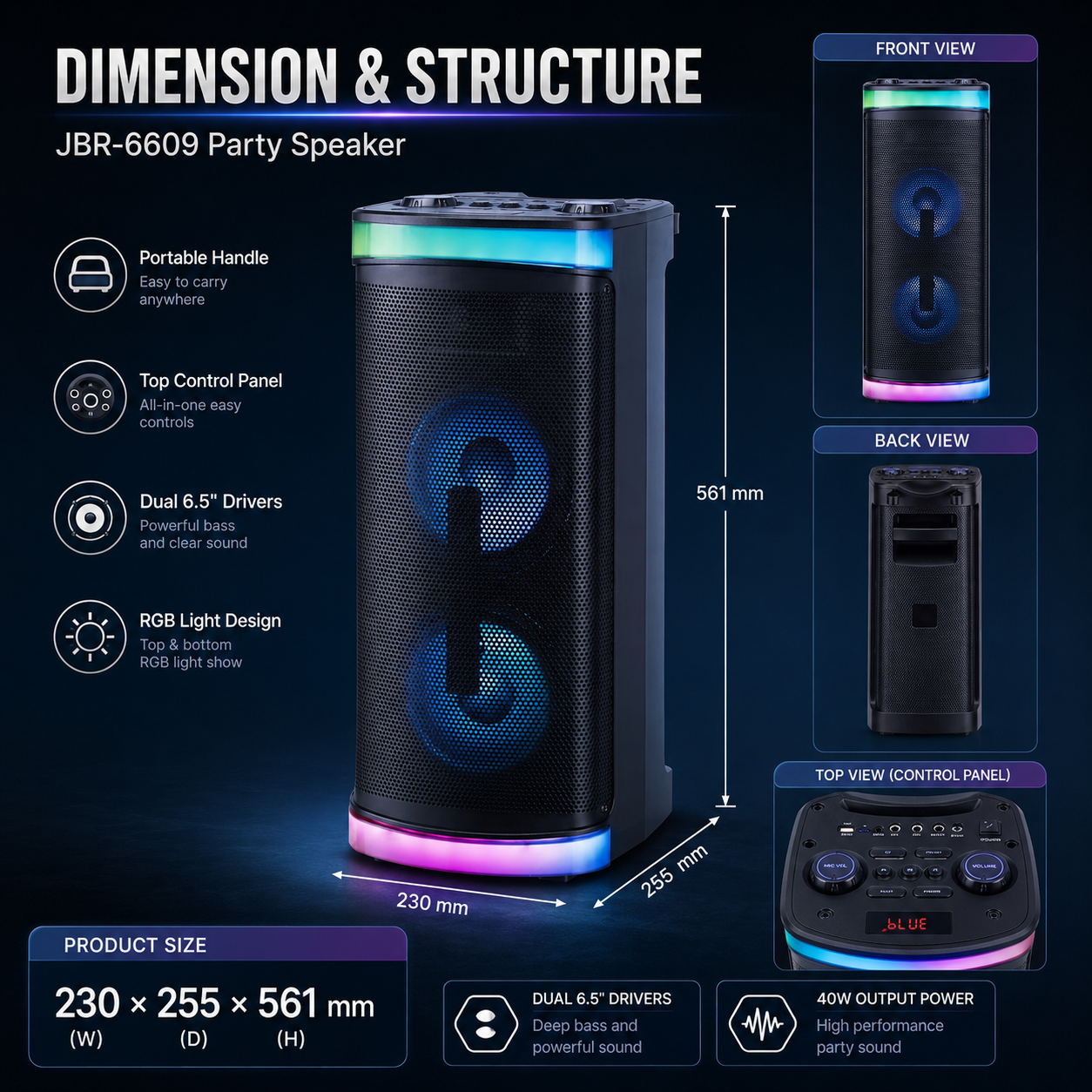40W 6.5″bass*2 + Treble outdoor portable speaker with RGB light Bluetooth HIFI Guitar Input