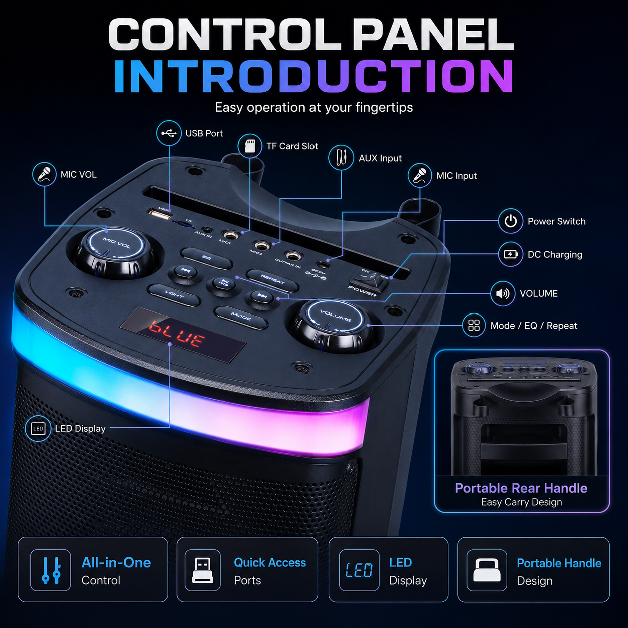 40W 6.5″bass*2 + Treble outdoor portable speaker with RGB light Bluetooth HIFI Guitar Input
