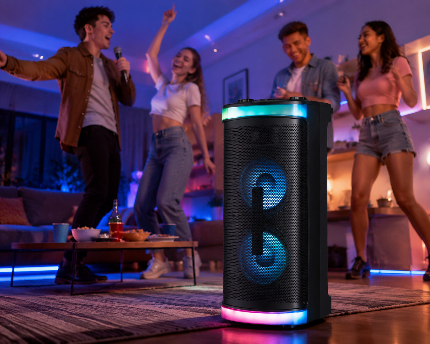 40W 6.5″bass*2 + Treble outdoor portable speaker with RGB light Bluetooth HIFI Guitar Input