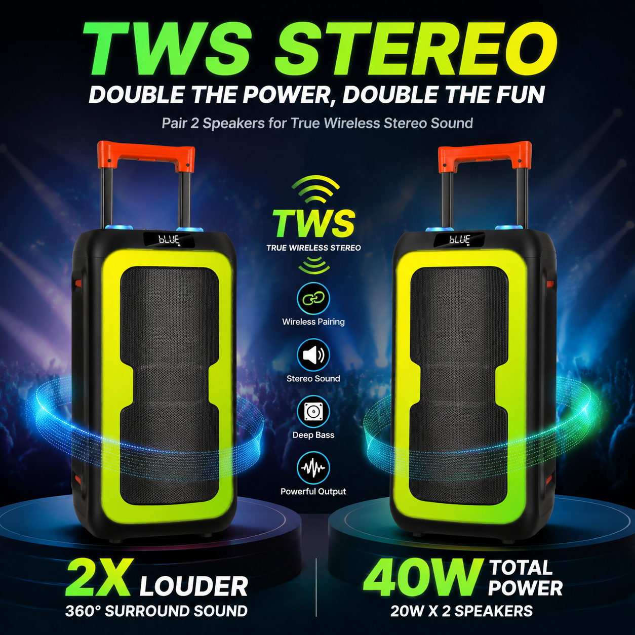 40W Portable Outdoor Party Speaker 2pieces 8inch bass and Tweeter Camping 24H Playtime HIFI Stereoscopic Sound Speaker