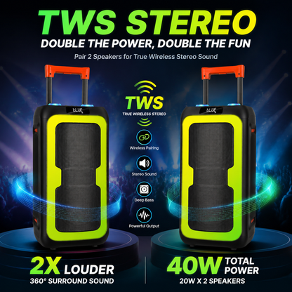 40W Portable Outdoor Party Speaker 2pieces 8inch bass and Tweeter Camping 24H Playtime HIFI Stereoscopic Sound Speaker