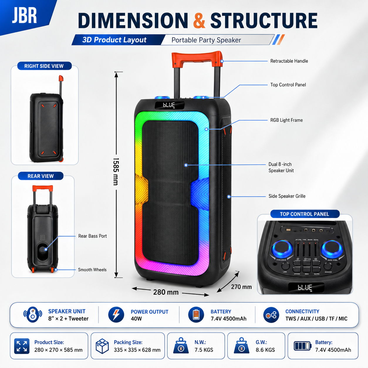 40W Portable Outdoor Party Speaker 2pieces 8inch bass and Tweeter Camping 24H Playtime HIFI Stereoscopic Sound Speaker