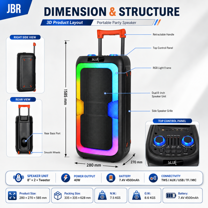 40W Portable Outdoor Party Speaker 2pieces 8inch bass and Tweeter Camping 24H Playtime HIFI Stereoscopic Sound Speaker