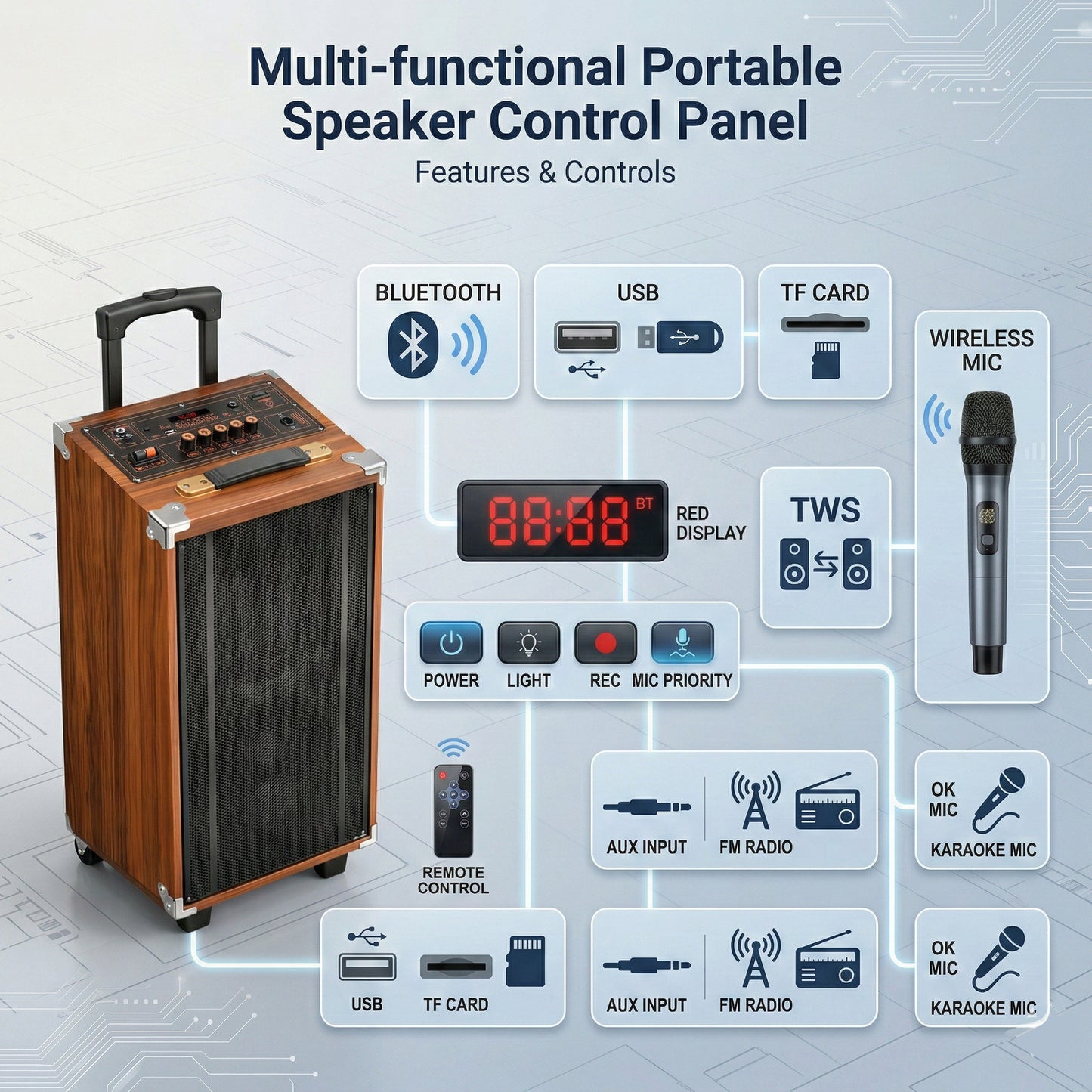50W Bluetooth Speaker Wooden Portable Super Bass Speakers Free Wireless Microphone