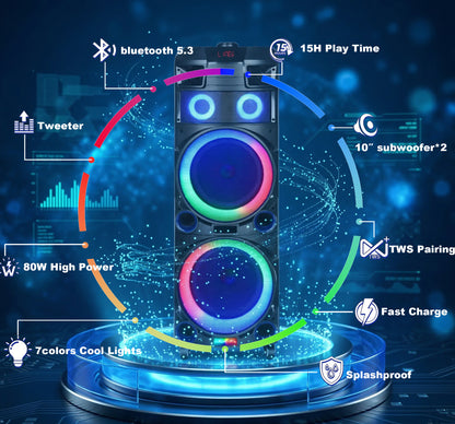 9000mAh 80W 10inch subwoofer*2+Tweeter portable speaker large size