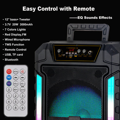 12inch Bass+Tweeter Portable Bluetooth Speaker for Home, Outdoor