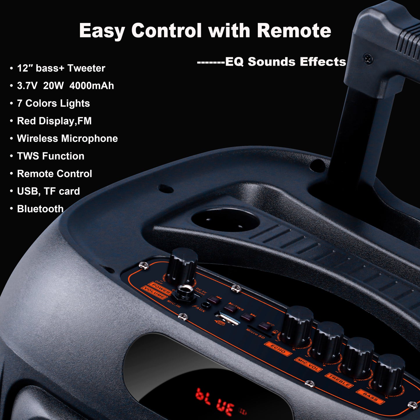 12“ bass+Tweeter 4000mAh Long Battery Life Outdoor Portable Speeker 20W 3.7V