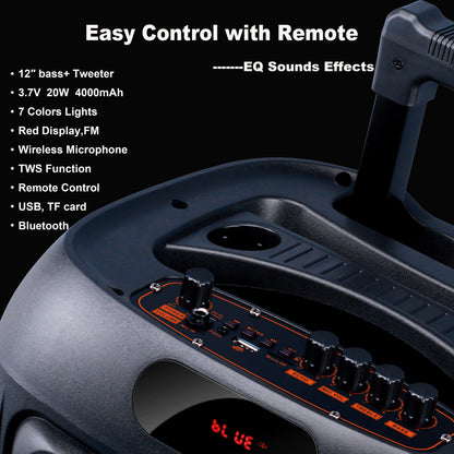 12“ bass+Tweeter 4000mAh Long Battery Life Outdoor Portable Speeker 20W 3.7V