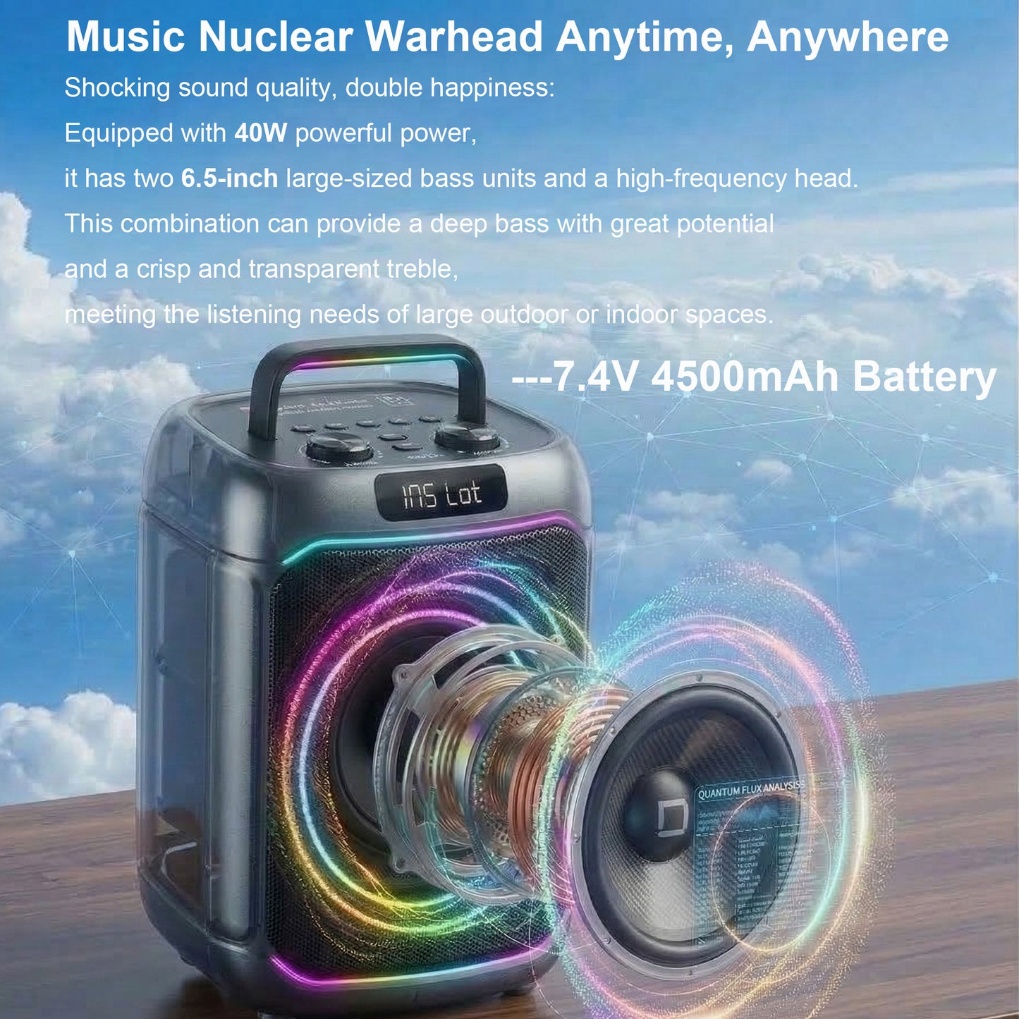 40W 8in Bass+Tweeter Portable Bluetooth Speaker for Home, Outdoor