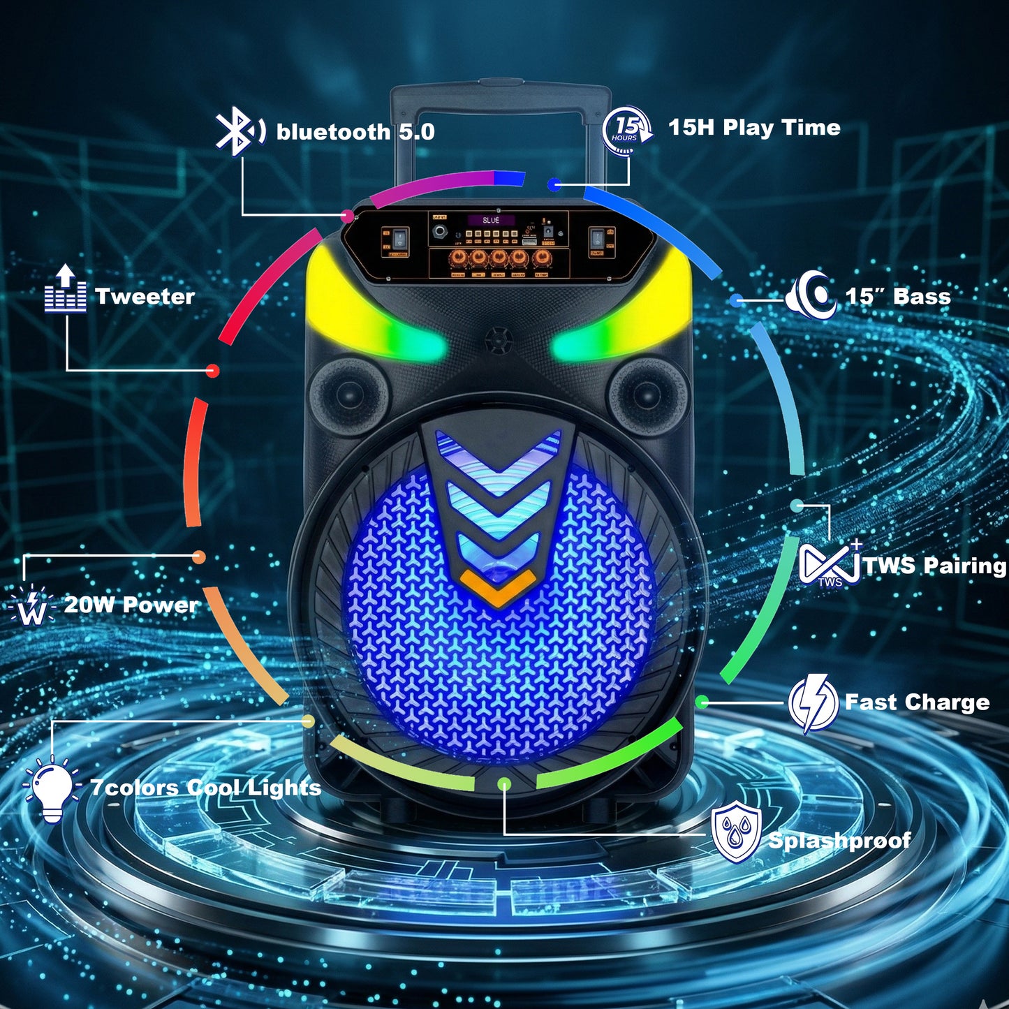 15inch bass portable speaker 3000mAh 20W outdoor audio with wireless speakers