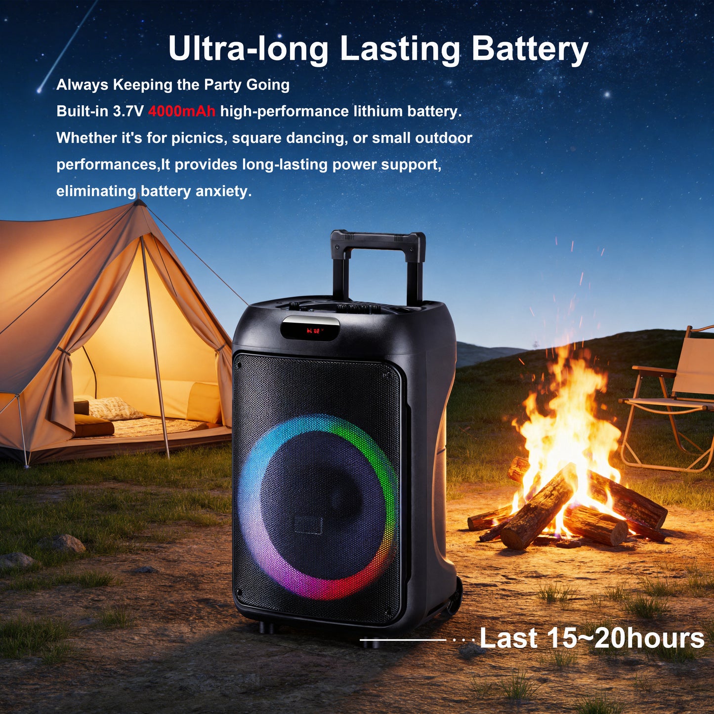 12“ bass+Tweeter 4000mAh Long Battery Life Outdoor Portable Speeker 20W 3.7V