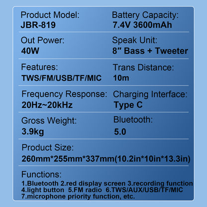40W 8in Bass+Tweeter Portable Bluetooth Speaker for Home, Outdoor