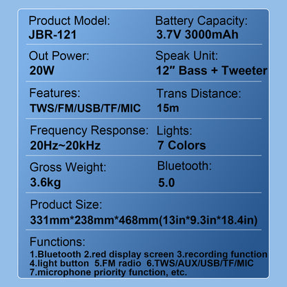 12inch Bass+Tweeter Portable Bluetooth Speaker for Home, Outdoor