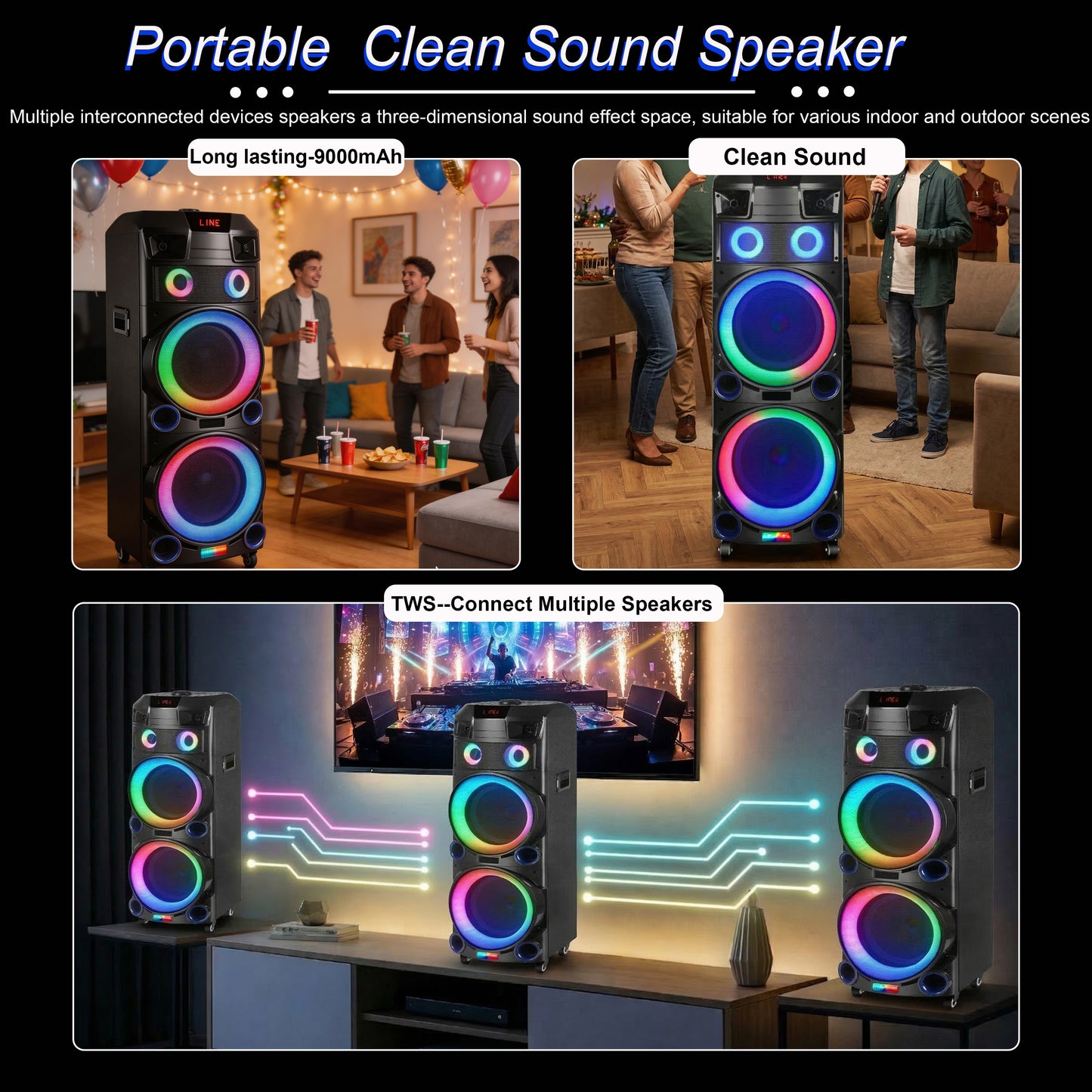 9000mAh 80W 10inch subwoofer*2+Tweeter portable speaker large size
