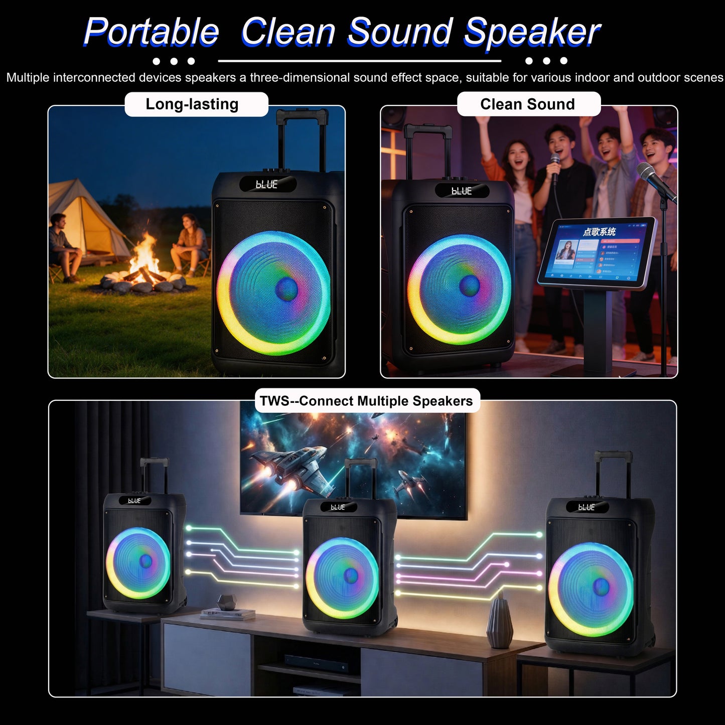 50W 15″ bass Portable speaker 4500mAh with 2pcs wireless microphones bluetooth