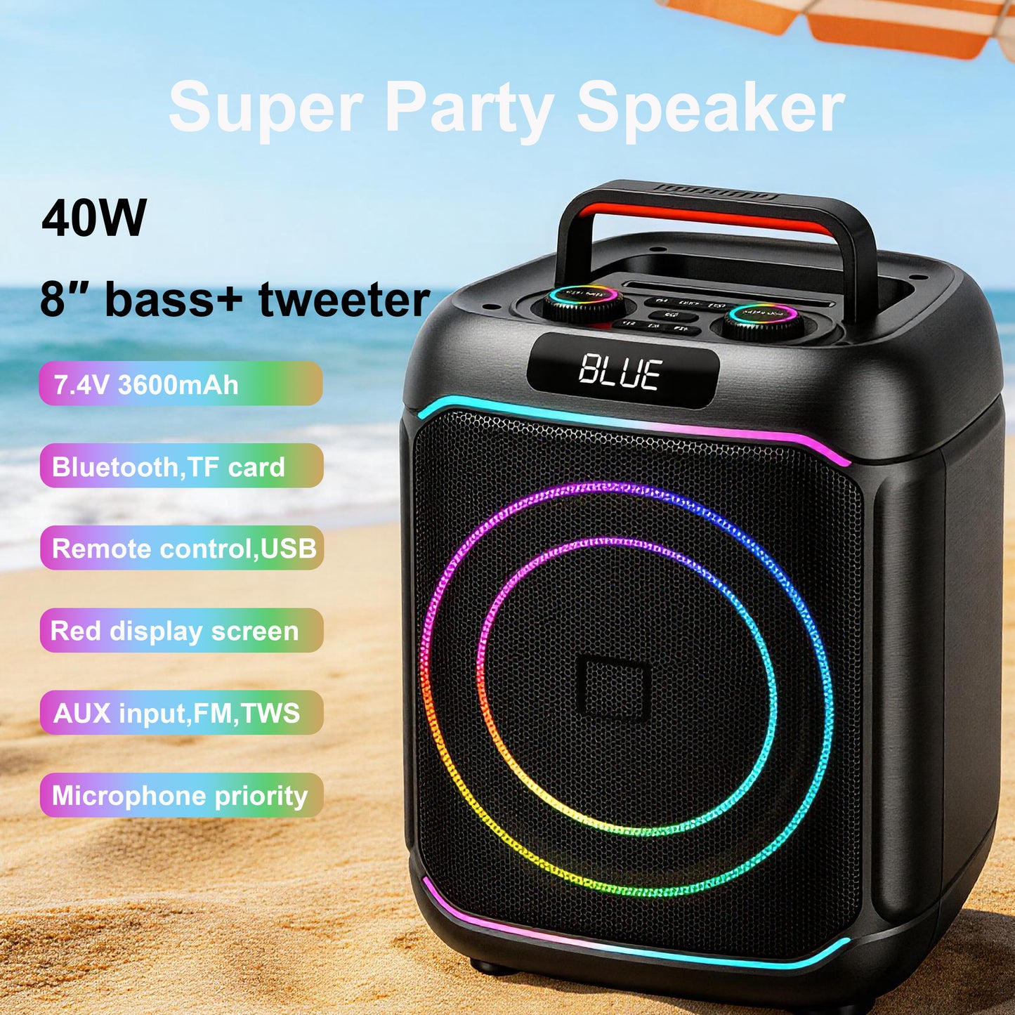 40W 8in Bass+Tweeter Portable Bluetooth Speaker for Home, Outdoor
